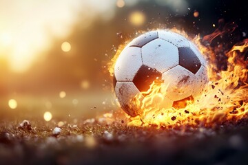 Naklejka premium A soccer ball is on fire and surrounded by debris