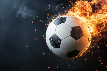 Fototapeta premium A soccer ball is in the air with fire coming off of it