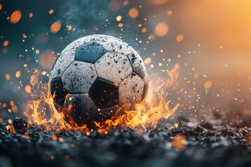Naklejka premium A soccer ball is on fire and surrounded by sparks