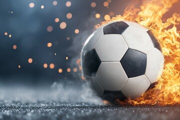 Naklejka premium A soccer ball is surrounded by fire, creating a dramatic and intense scene
