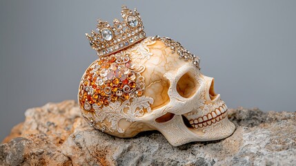 The decorative skull is intricately detailed with delicate etchings and embellished with shimmering gemstones, showcasing a regal crown perched atop its cranium