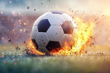 Naklejka premium A soccer ball is on fire and surrounded by a lot of debris