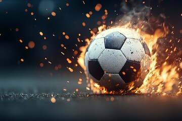 Fototapeta premium A soccer ball is on fire and surrounded by sparks