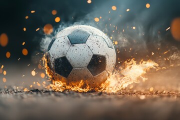 Fototapeta premium A soccer ball is on fire and surrounded by sparks