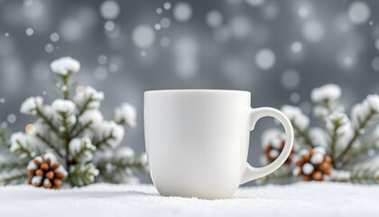 Fototapeta premium White ceramic tea cup mockup with winter concept background and copy space for your imprint. Front view 11oz mug background for winter promotional content isolated with white highlights, png
