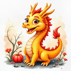 Fototapeta premium Yellow dragon cartoon character. Cute baby dragon with red mane, sitting on ground with pumpkin and flower. Adorable magical creature illustration for kids storybook, t-shirt design or poster.