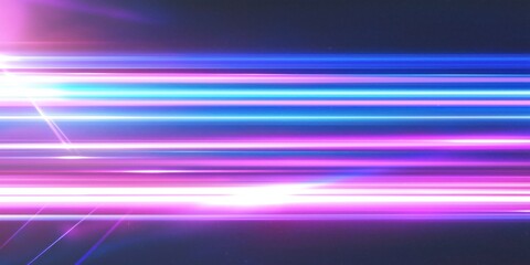 Abstract neon light trails in blue, purple and pink colors. Horizontal light beams on dark background. Graphic design for tech, music, night club, party, speed, energy, motion. Bright, shiny effect.
