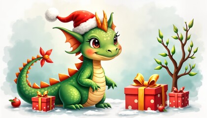 Obraz premium Cute green dragon in Santa hat stands on snowy ground, looking at gifts. Cartoon illustration of fairytale creature on Christmas. Dragon in winter wonderland.