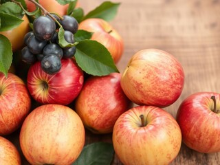 A close-up shot of a bunch of ripe and juicy green apples freshly plucked from the garden, scattered on a wooden table, juicy, ripe