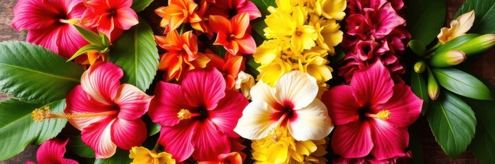 Obraz premium A colorful Hawaiian lei made from vibrant hibiscus flowers and tropical greenery, culture, vibrant