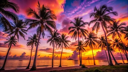 Captivating Sunset Over a Tranquil Beach with Coconut Tree Silhouettes Framing the Horizon - A Perfect Tropical Scene for Relaxation and Escape