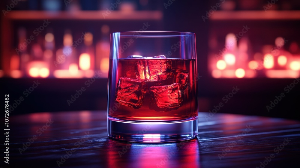 Poster a glass of red liquid with ice cubes in it sits on a table. the image has a moody, dark atmosphere, 