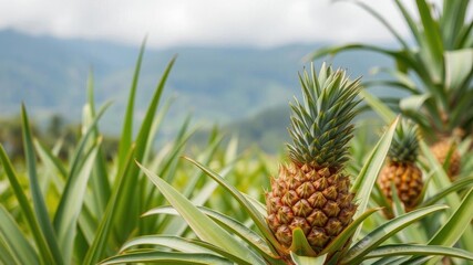 Obraz premium Close up of young pineapple plant growing next to a rice field in Bali Indonesia, tropical, nature