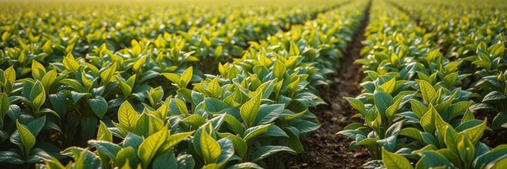 Obraz premium Coffee plantation at dawn, rows of coffee plants with dew glistening in the soft morning light, light, dawn