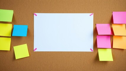 Fototapeta premium Colorful blank sticky notes in various shapes and sizes attached to cork board, office supplies, vibrant
