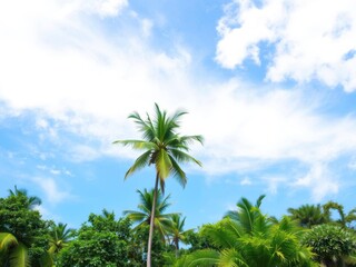 Obraz premium Coconut palm tree with green leaves against a clear sky, exotic, nature