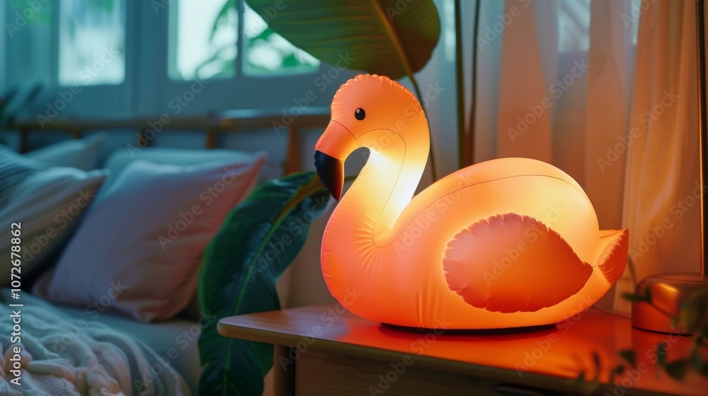 Poster a table lamp in the shape of an inflatable animal such as a flamingo or a dolphin with a light sourc