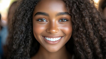 A woman with long, curly hair is smiling and has her teeth showing. She has a light brown complexion and is wearing a white shirt