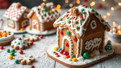 Festive gingerbread house adorned with colorful candies and icing, perfect for Christmas, colorful, gingerbread house