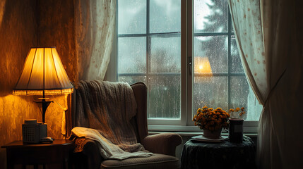 A softly lit room with a comfortable chair and a window view of a rainy day.A softly lit room with a comfortable chair and a window view of a rainy day.