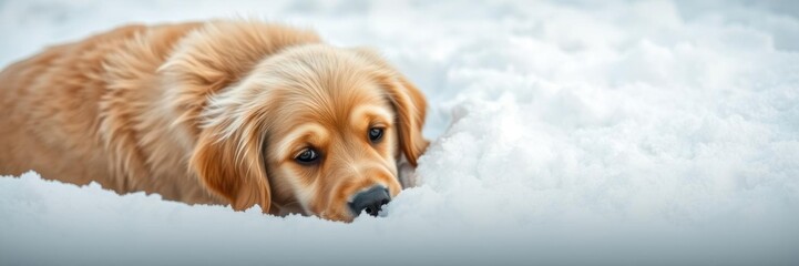 Fototapeta premium Golden retriever with golden fur sniffs the snow with its head buried, showcasing curiosity and playfulness, furry, adorable