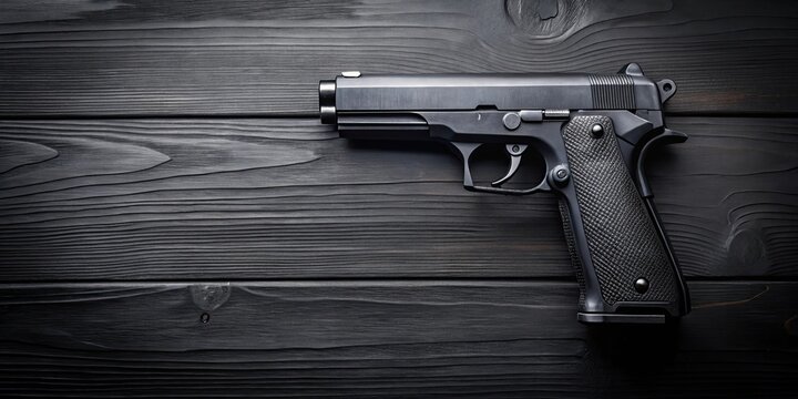 Black 9mm pistol resting on a sleek black wooden table, gun, handgun, firearm, weapon, table, wood, dark, pistol, 9mm