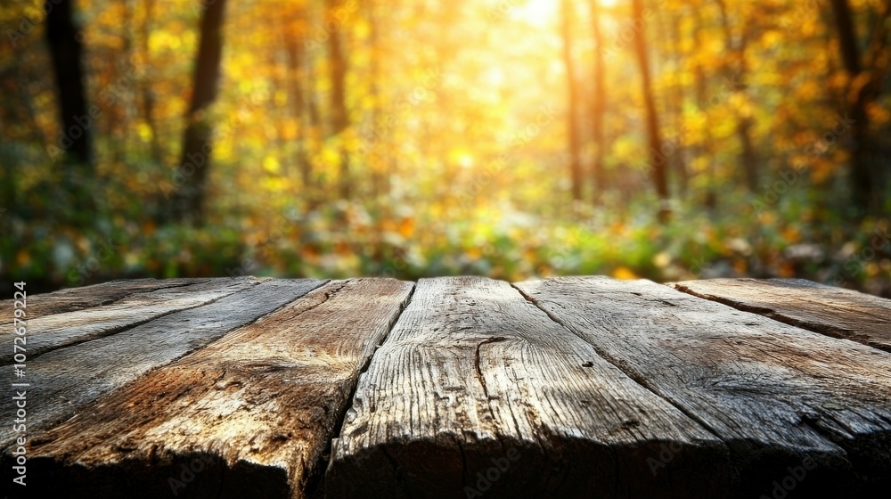 Poster a wooden table with a view of a forest. the table is empty and the forest is in the background