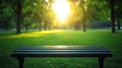 Fototapeta premium A bench in a park with a beautiful view of the sun. The bench is empty and the grass is green