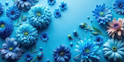 Bright blue flowers and petals arranged on a vibrant blue background top view composition, nature, floral, vibrant, colorful