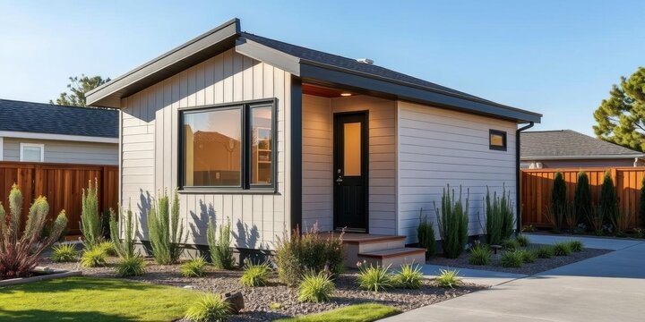 Modern ADU with sleek design and landscaping, small house, architecture