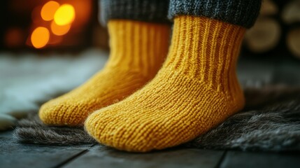 A pair of yellow socks with a fuzzy texture. The socks are on a wooden floor near a fireplace