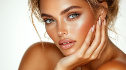 A woman with a tan complexion and a goldish tint to her skin.