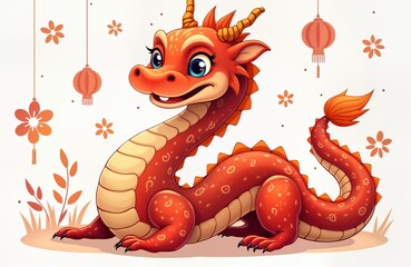 Fototapeta premium Cartoon red dragon with big eyes smiles, sits on white background. Cute animal with orange horns of Chinese New Year. Dragon traditional zodiac creature in Asian culture. Illustration used for