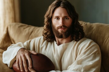 A man with a beard and long hair is sitting on a couch holding a football, help of God from Jesus Christ