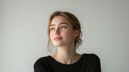 Obraz premium Thoughtful Young Woman with Serene Expression Pondering Life's Moments in a Minimalist Setting