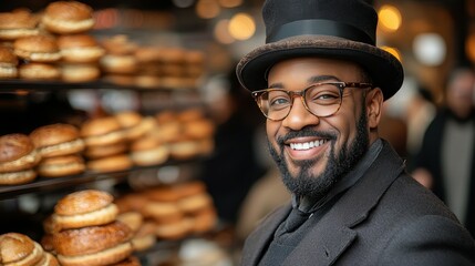 A man wearing a hat and glasses is smiling in front of a bakery display. The bakery has a variety of donuts and sandwiches on display