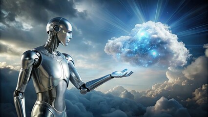 Naklejka premium Silver android confronting a glittering cloud hologram , technology, futuristic, artificial intelligence, robot, cyborg