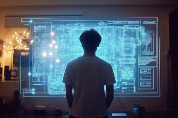 A person studies a glowing holographic blueprint in a softly illuminated room at night