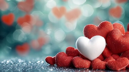 Fototapeta premium The small white heart among a sea of vibrant red hearts symbolizes a unique and pure love that stands out among the crowd. It represents a special connection and affection that is rare and treasured.