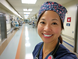 A cheerful asian healthcare professional in scrubs and a floral cap, smiling for a selfie in a hospital corridor filled with medical equipment.