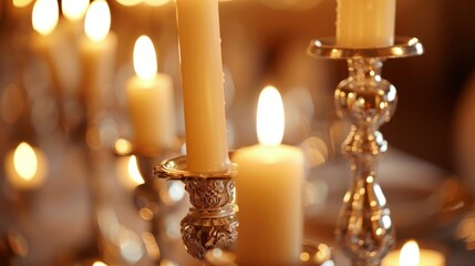 Candles in ornate silver candle holders provide a warm and intimate ambiance for an elegant dinner party.