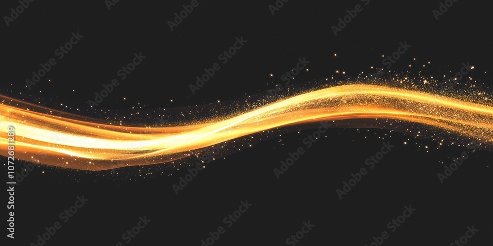 Poster Shiny gold wavy line effect on black background. Glittering golden line in motion. Abstract curve glow sparkle. Design for tech, luxury, holiday, magic, new year. Element for card, poster, decor,