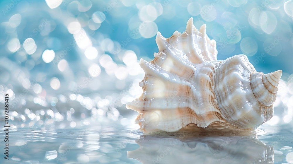 Poster seashell on reflective surface with soft blue bokeh background