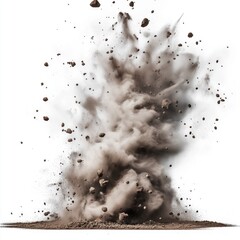 Brown dust cloud erupts with flying rocks. Dirt particles are splattered in mid-air on white background. Abstract explosion concept, high-speed motion of dust and debris.