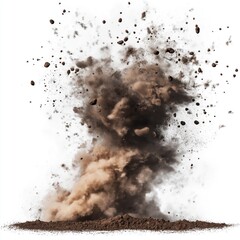 Abstract brown dust explosion cloud, dirt and debris flying in air. Explosion of brown particles. Motion effect, copy space for text. Background for design, fantasy, concept, apocalypse.