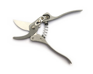 Silver garden secateurs isolated on a white background.