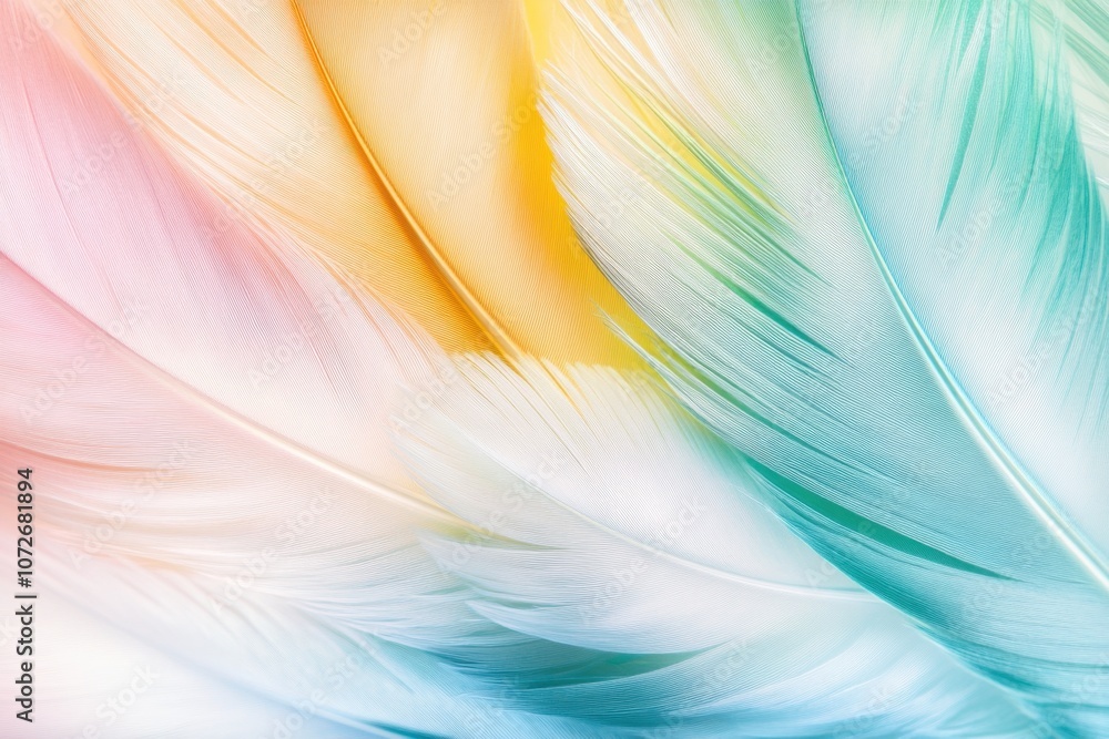 Poster exploring the enchanting textures of iridescent feathers in vibrant hues of nature's palette