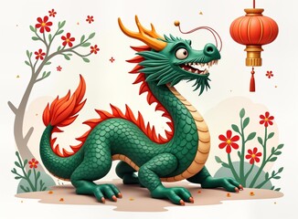 Obraz premium Green dragon on white background. Dragon symbolizes year of dragon in Chinese New Year celebration. Dragon is standing on a beige ground. The dragon is smiling and has a red lantern above its head.