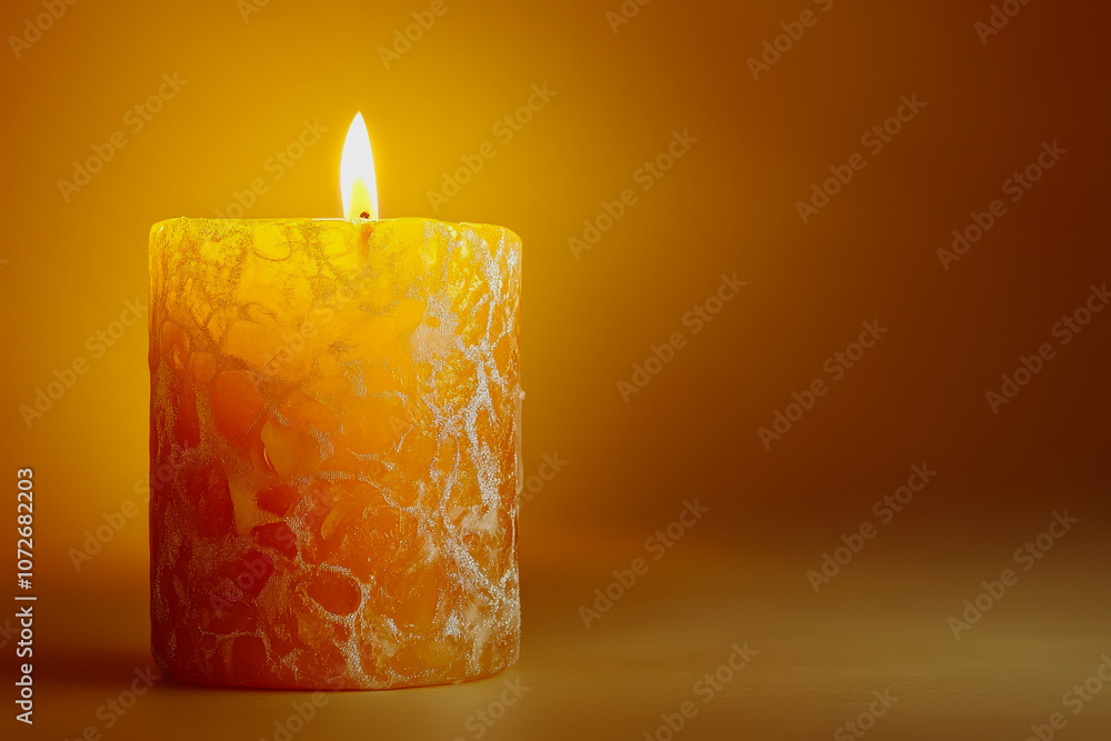 Poster beautiful orange candle on a soft golden background with gentle flame illuminating the warm atmosphe