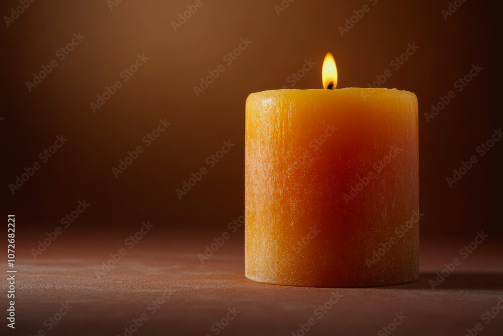 Poster warm and inviting amber candle flame illuminating a soft brown background, perfect for creating a co